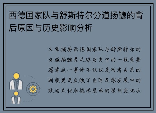 西德国家队与舒斯特尔分道扬镳的背后原因与历史影响分析 西德国家队与舒斯特尔分道扬镳的背后原因与历史影响分析