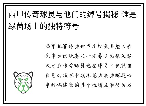 西甲传奇球员与他们的绰号揭秘 谁是绿茵场上的独特符号